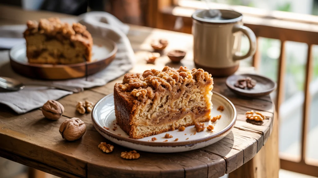 A slice of moist coffee cake with a thick cinnamon walnut streusel topping, served on a rustic plate next to a cup of coffee.