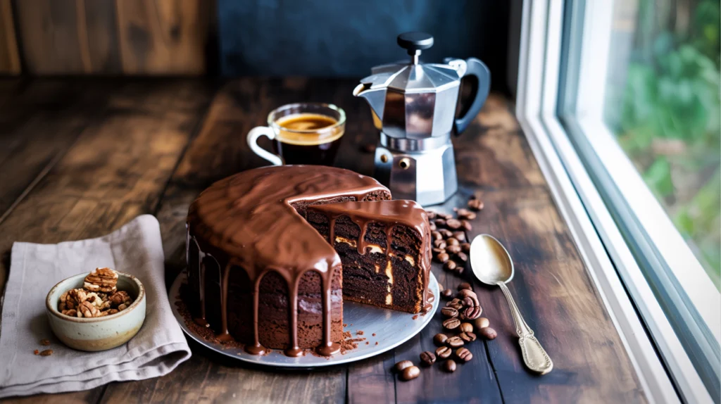 A tall glass of layered iced mocha with chocolate syrup swirls and whipped cream on a bright kitchen counter.